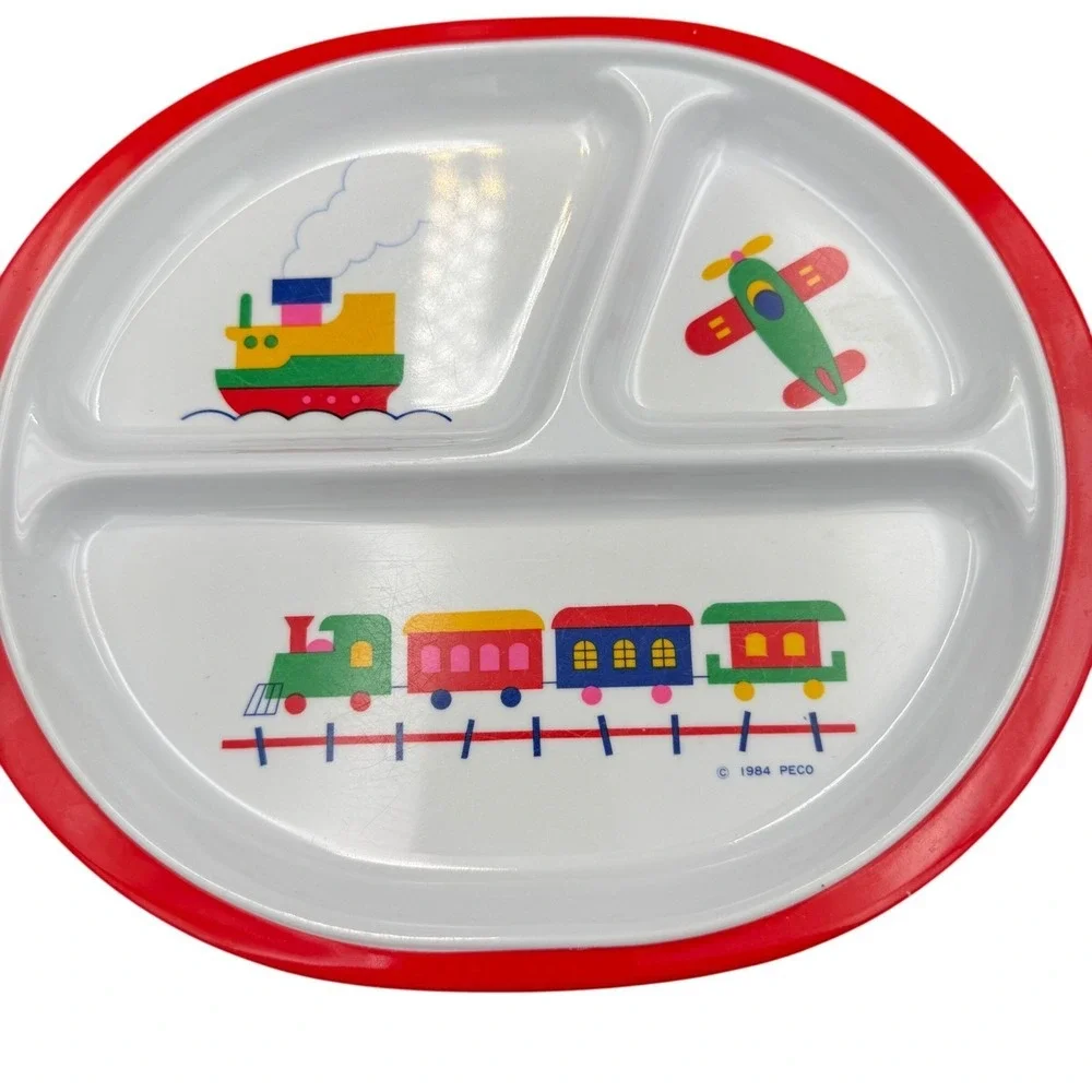 Vintage 1984 PECO Melamine Kids Divided Plate Train Plane Boat Red White 01674
